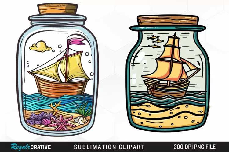 Watercolor Ship At The Sea In A Jar Art Clipart