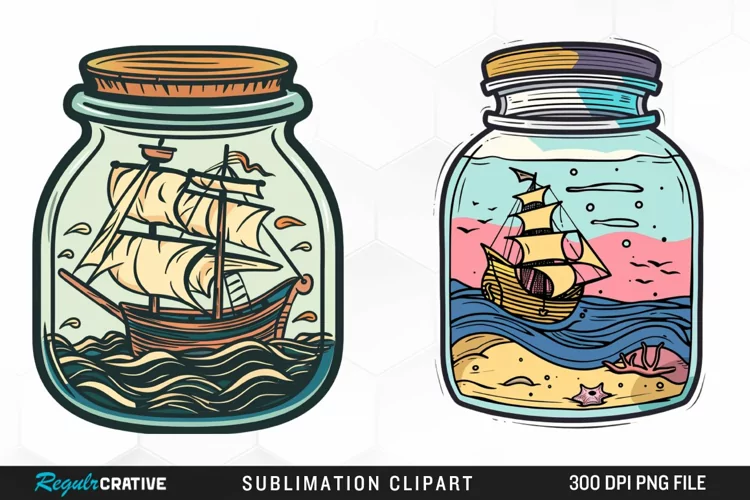 Watercolor Ship At The Sea In A Jar Art Clipart