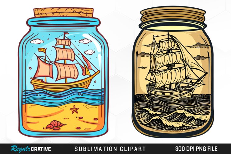 Watercolor Ship At The Sea In A Jar Art Clipart
