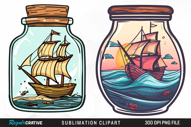 Watercolor Ship At The Sea In A Jar Art Clipart
