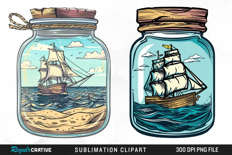 Watercolor Ship At The Sea In A Jar Clipart