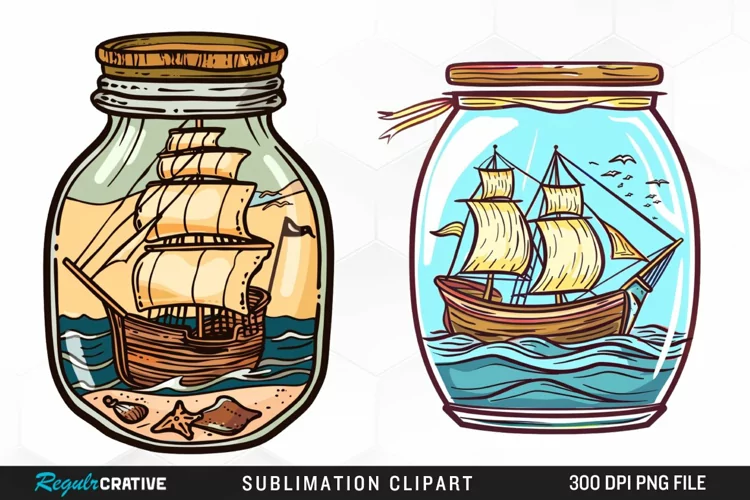 Watercolor Ship At The Sea In A Jar Clipart