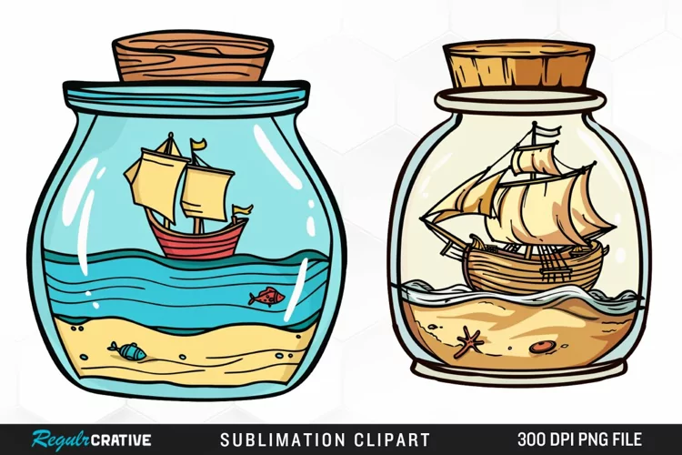 Watercolor Ship At The Sea In A Jar Clipart