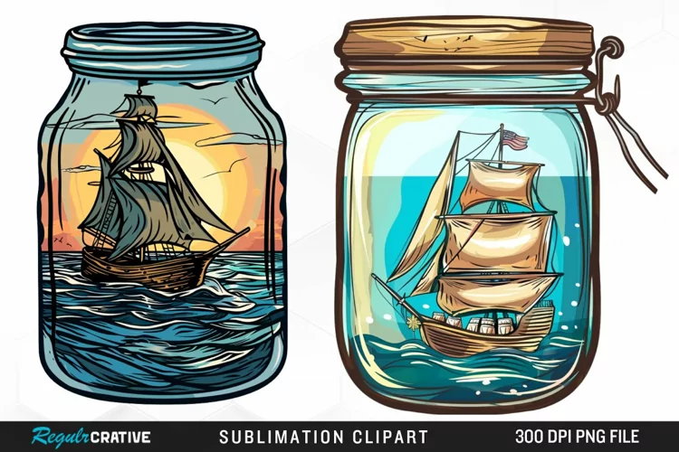 Watercolor Ship At The Sea In A Jar Clipart