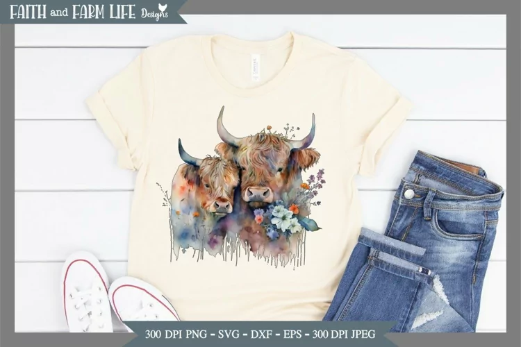 Highland Cow Watercolor JPEG, PNG