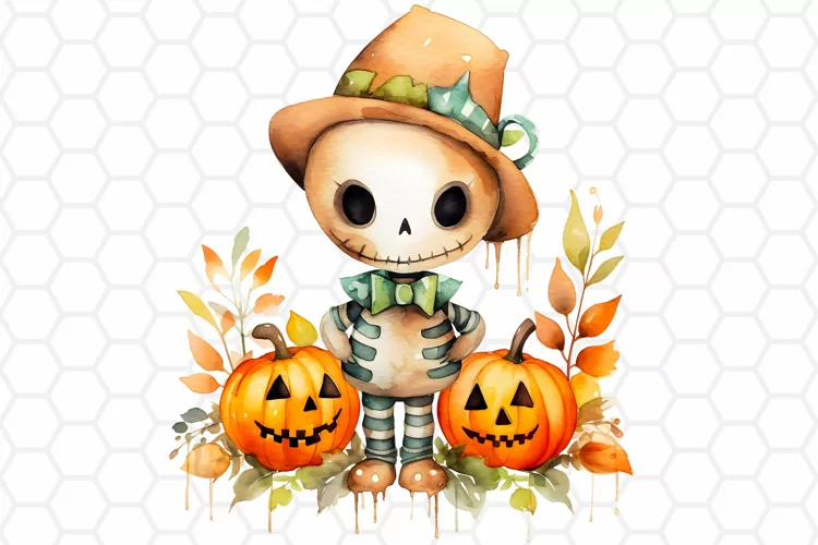 Watercolor Skeleton Clipart, Halloween Sublimation PNG