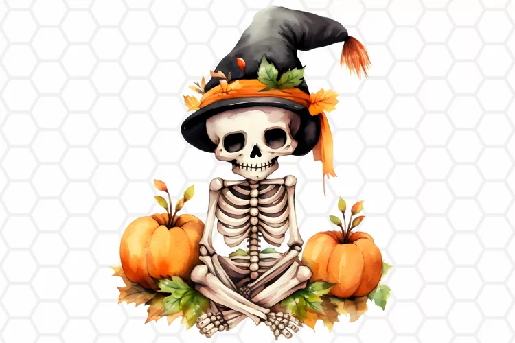 Watercolor Skeleton Clipart, Halloween Sublimation PNG