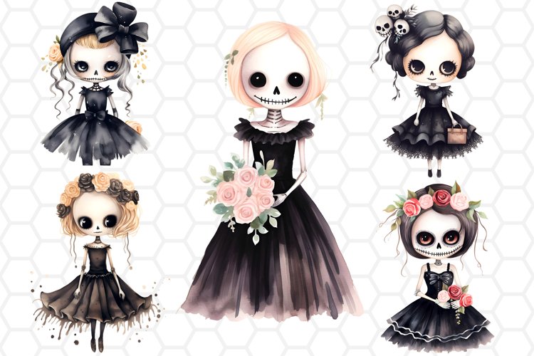 Watercolor Skeleton Witch Cliparts, Sublimation PNG