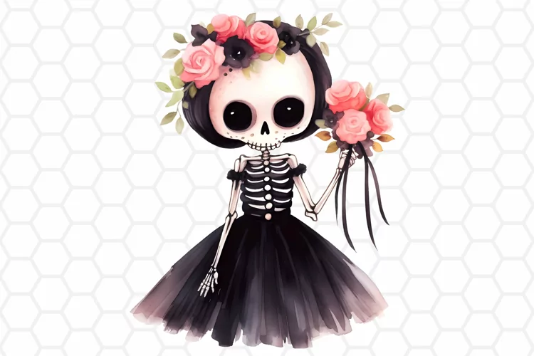 Watercolor Skeleton Witch Clipart, Halloween Sublimation PNG