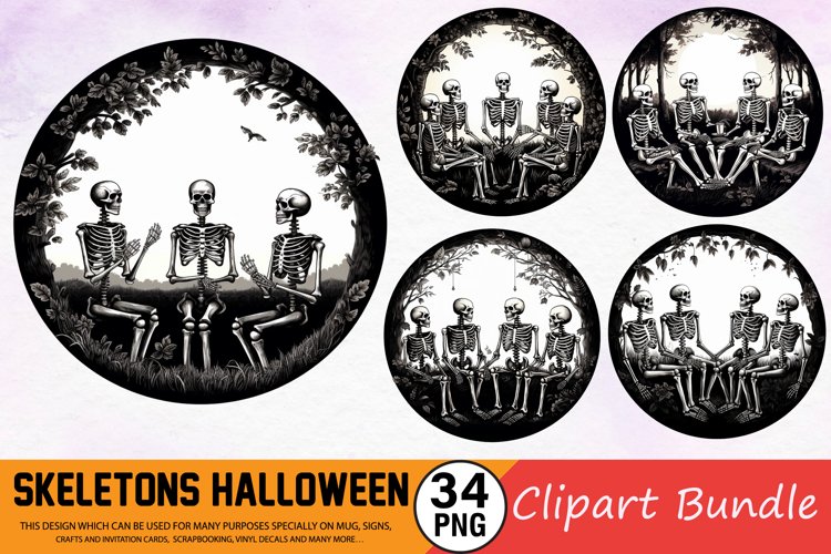 Watercolor Skeletons Halloween Clipart Bundle example image 1