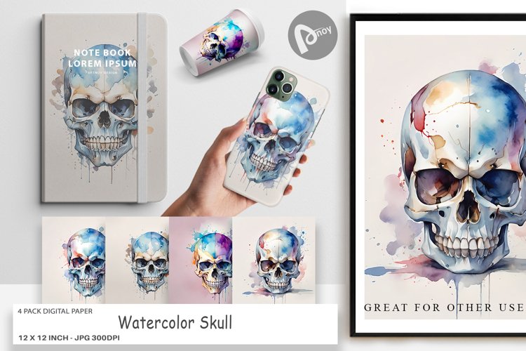 Digital Paper Watercolor Skull example image 1