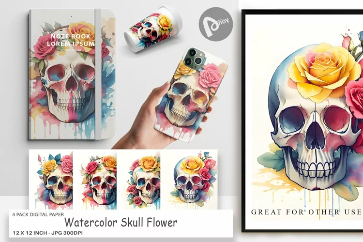 Digital Paper Watercolor Skull Flower