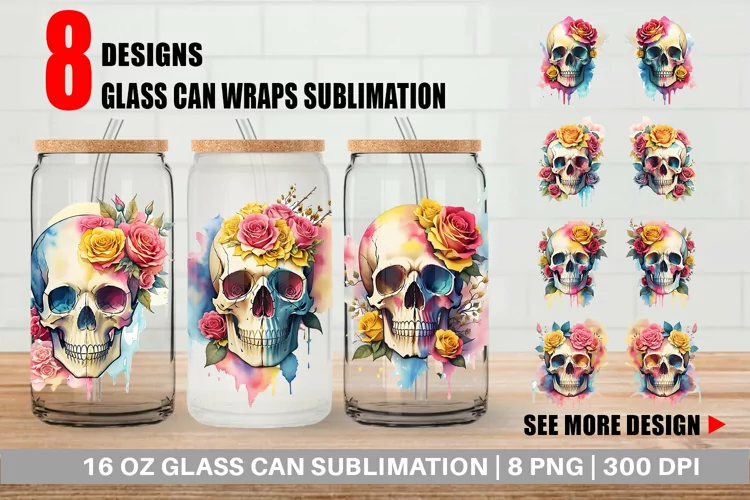 Watercolor Skull Flower Glass Can Wraps