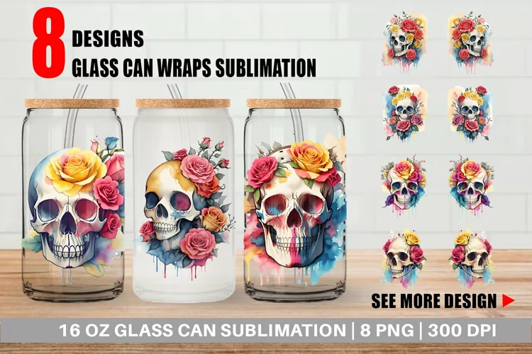 Watercolor Skull Flower Glass Can Wraps
