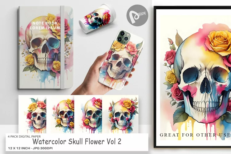Digital Paper Watercolor Skull Flower