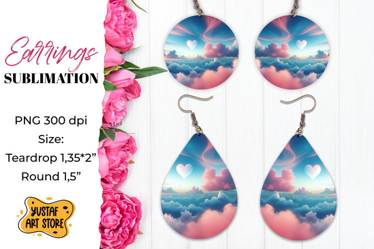Heart Sky Earrings Sublimation. Teardrop/Round
