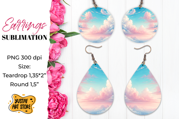 Pink cloud Sky Earrings Sublimation. Teardrop/Round