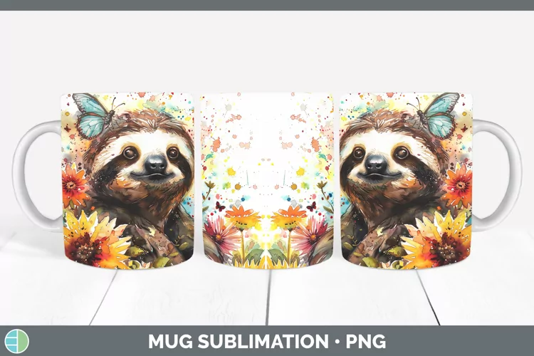 Watercolor Sloth Mug Wrap Sublimation Coffee Cup Designs