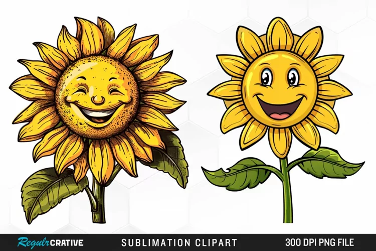 Watercolor Smiling Sunflower Illustration Clipart