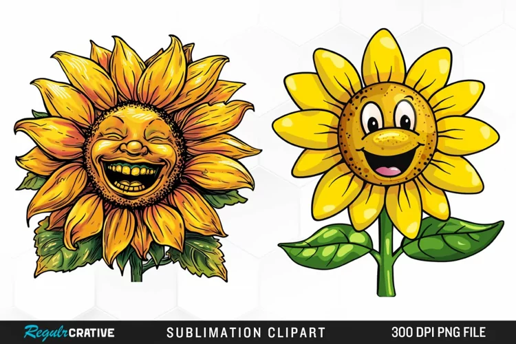 Watercolor Smiling Sunflower Illustration Clipart
