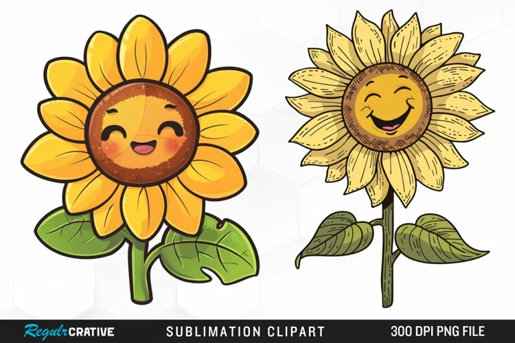 Watercolor Smiling Sunflower Sublimation Clipart