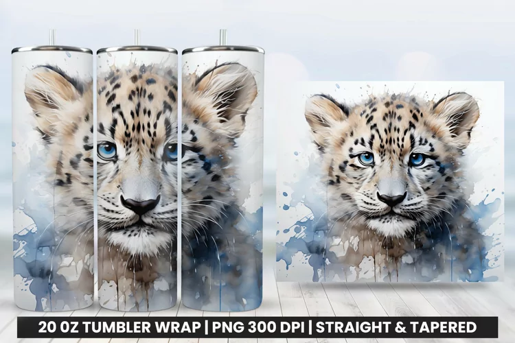 Watercolor Snow Leopard Tumbler Wrap Sublimation PNG Design