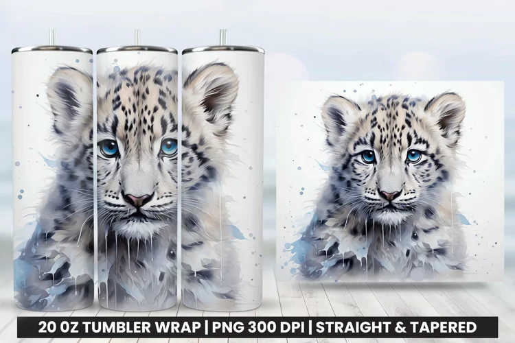 Watercolor Snow Leopard Tumbler Wrap Sublimation PNG Design
