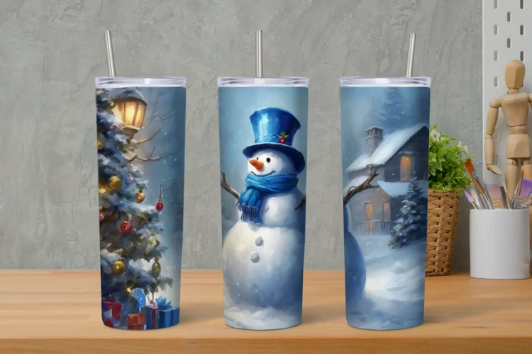 Watercolor Blue Snowman 20oz Skinny Tumbler Wrap, Christmas