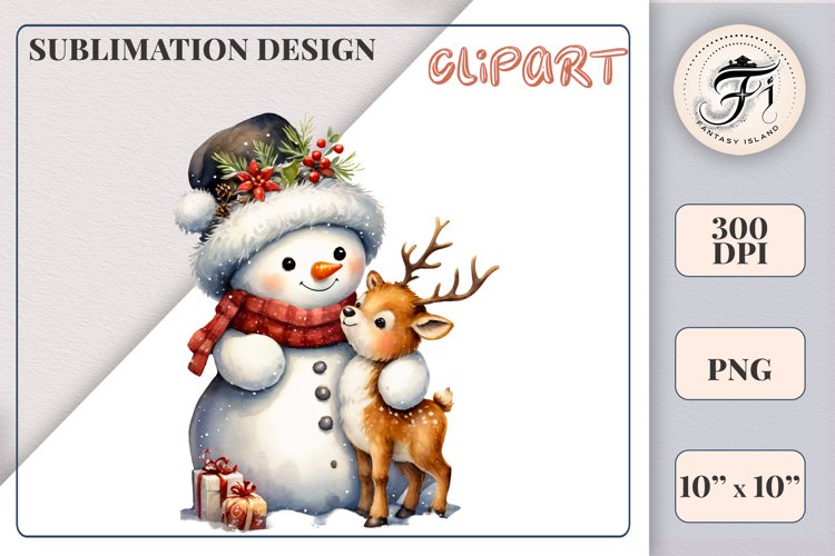 Christmas Cute Snowman and Reindeer Watercolor Clipart | Png