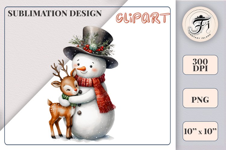 Christmas Cute Snowman and Reindeer Watercolor Clipart | Png