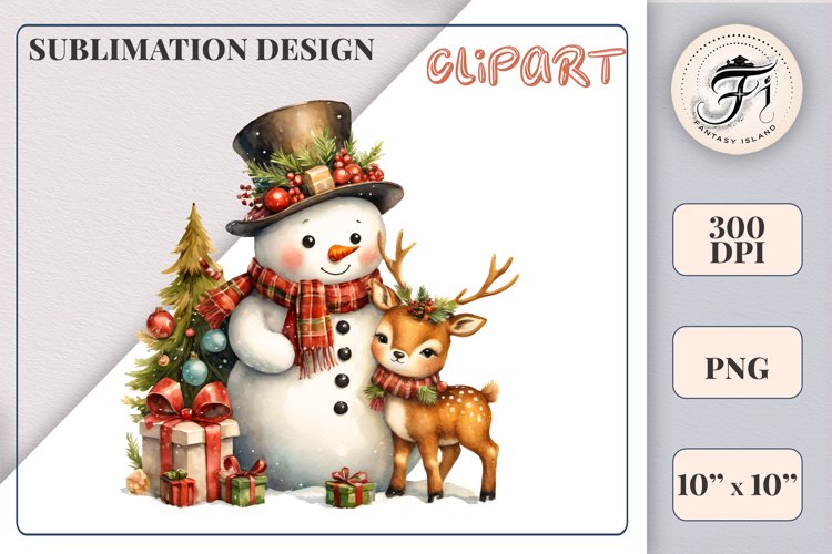 Christmas Cute Snowman and Reindeer Watercolor Clipart | Png