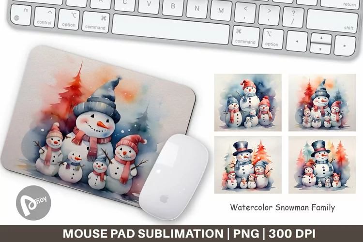 Mouse Pad Watercolor Snowman Family