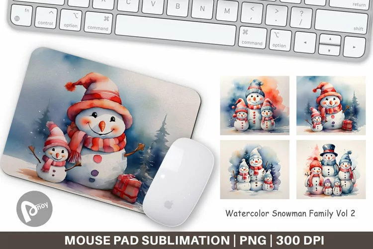 Mouse Pad Watercolor Snowman Family