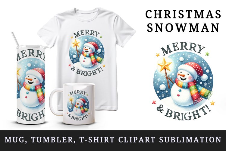 Watercolor snowman scarf star-topped wand Merry and Bright quote print 20 oz tumbler skinny mug wrap clipart t-shirt sublimation printable design