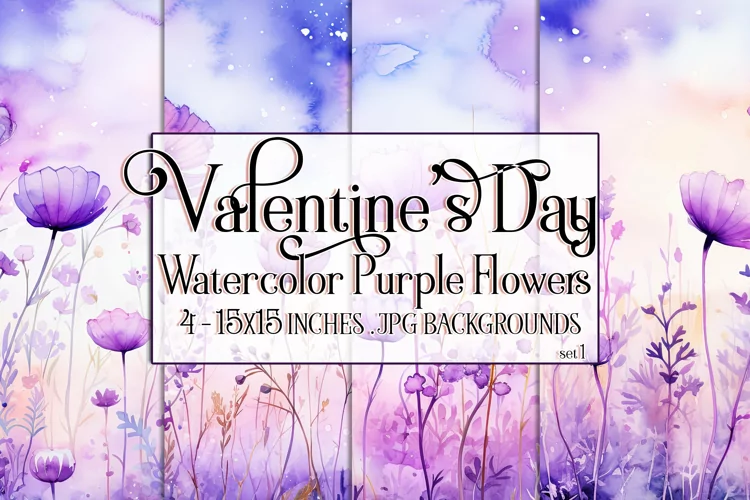 Valentine's Day, Watercolor Purple Flowers Backgrounds, s1