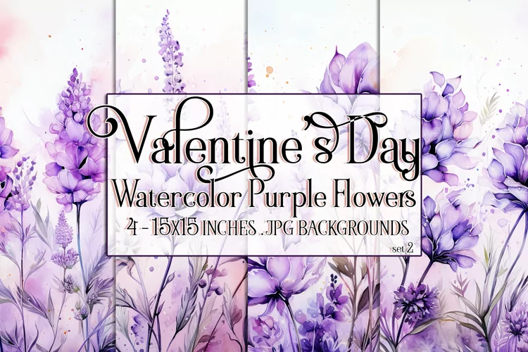 Valentine's Day, Watercolor Purple Flowers Backgrounds, s2