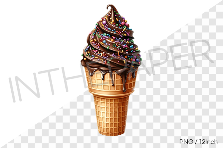 Chocolate ice cream with syrup   sprinkles waffle cone PNG