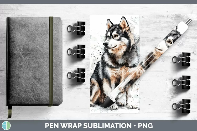 Watercolor Splash Alaskan Malamute Pen Wrap Sublimation Pen