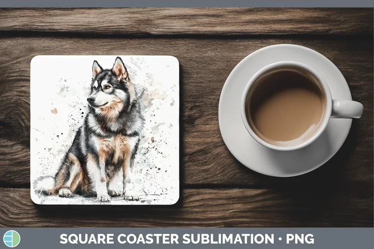 Watercolor Splash Alaskan Malamute Square Coaster Sublimatio