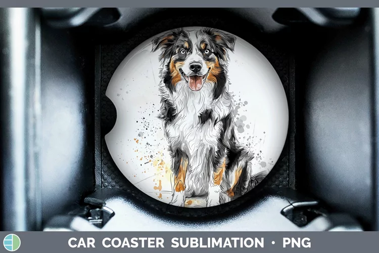 Watercolor Splash Australian Shepherd Car Coaster Sublimatio