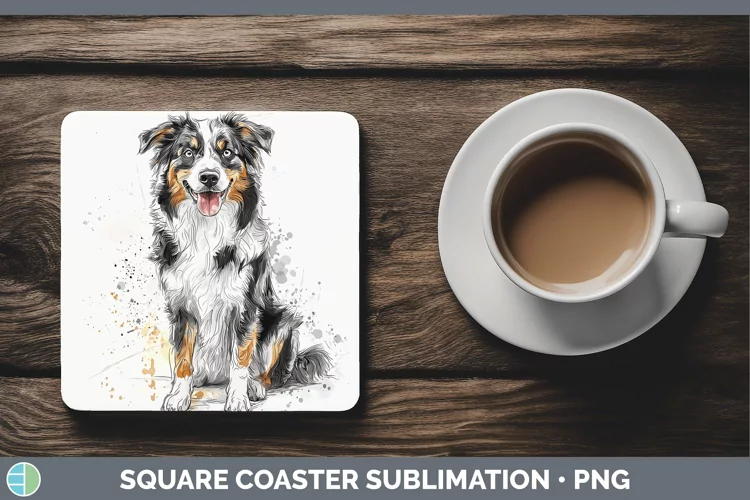Watercolor Splash Australian Shepherd Square Coaster Sublima