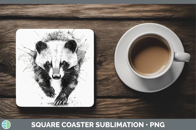 Watercolor Splash Badger Square Coaster Sublimation Coaster