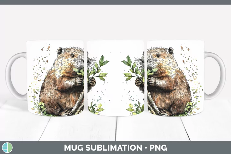 Watercolor Splash Beaver Mug Wrap Sublimation Coffee Cup Des
