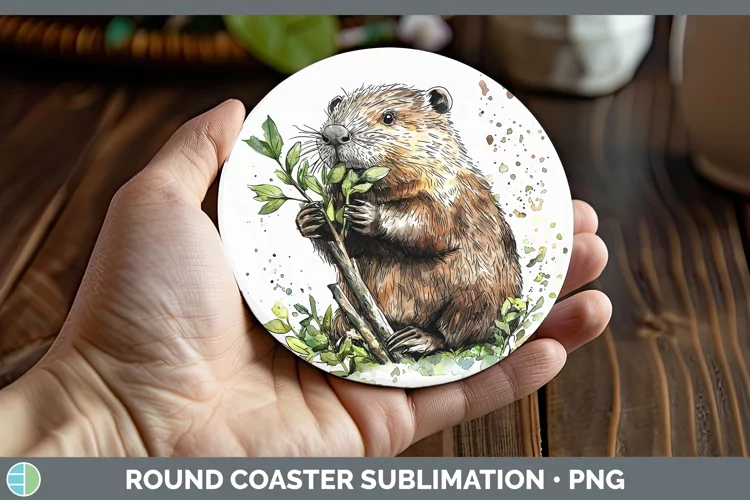 Watercolor Splash Beaver Round Coaster Sublimation Coaster D