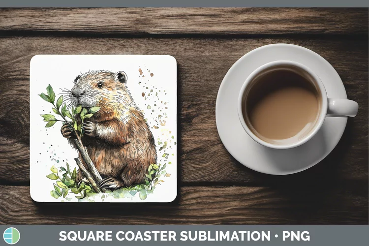 Watercolor Splash Beaver Square Coaster Sublimation Coaster