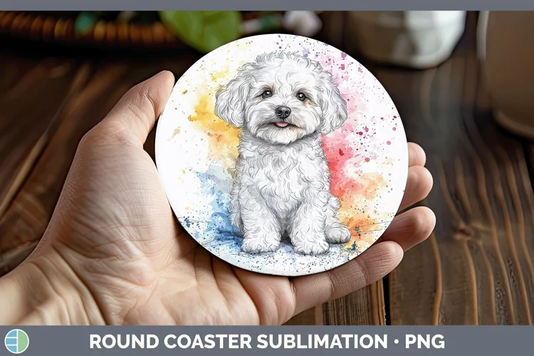 Watercolor Splash Bichon Frise Round Coaster Sublimation Coa