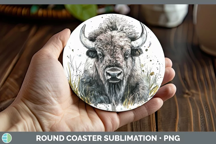 Watercolor Splash Bison Round Coaster Sublimation Coaster De