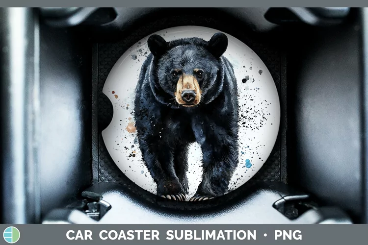 Watercolor Splash Black Bear Car Coaster Sublimation Design