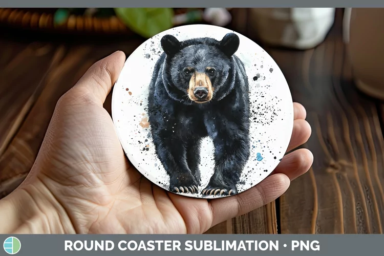 Watercolor Splash Black Bear Round Coaster Sublimation Coast