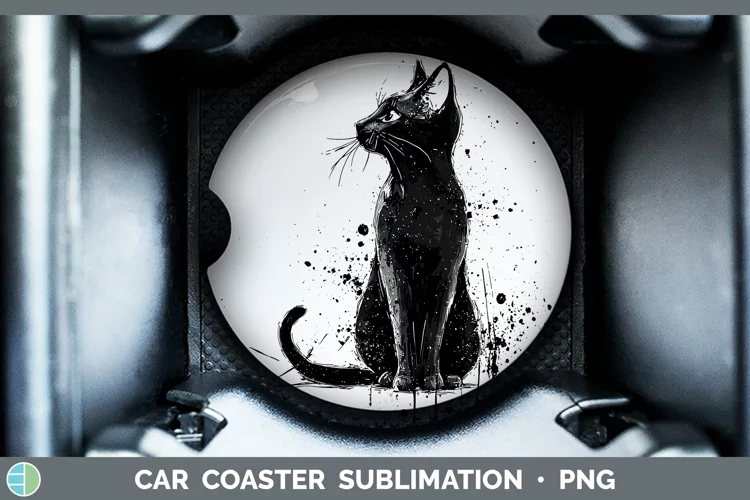 Watercolor Splash Black Cat Car Coaster Sublimation Designs